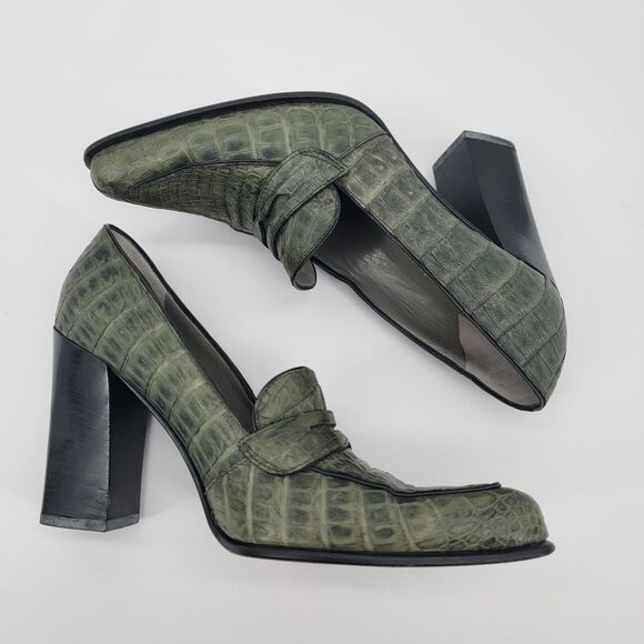 Prada Size 6.5 Green Block Heel Croc Embossed Print Pointed Toe Slip On 36.5 - Picture 3 of 9